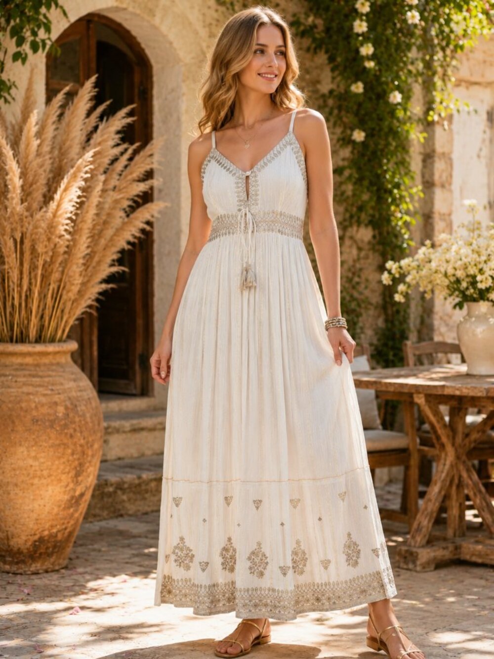Cream Boho Maxi Dress | Gold Lurex |Flowy Summer Coastal Resort